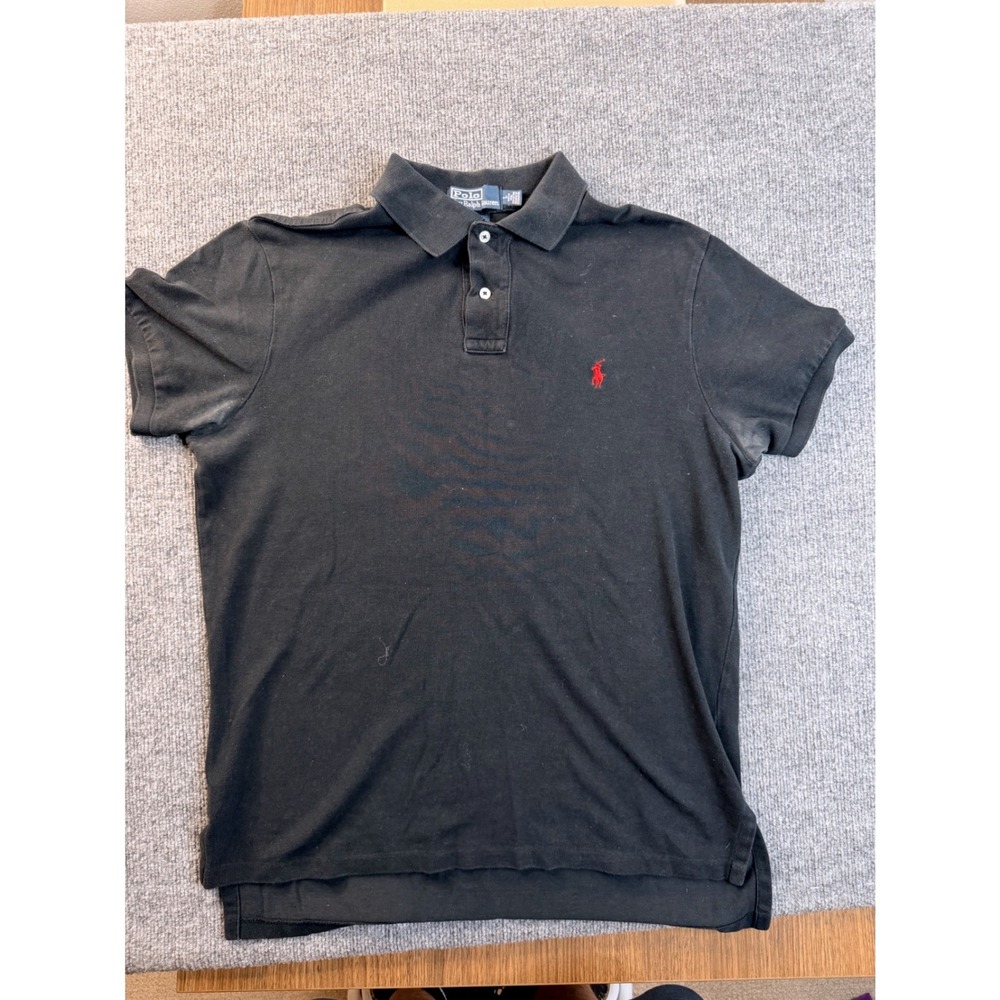 Polo Ralph Lauren Mens Large Black Cotton Custom Fit Polo Shirt Red Pony Logo L